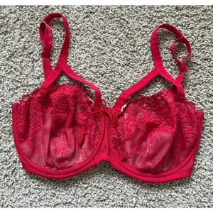 Pour Moi Amour Red lace Semi Sheer Bow Hook and Eye Strap Bra Size 32H